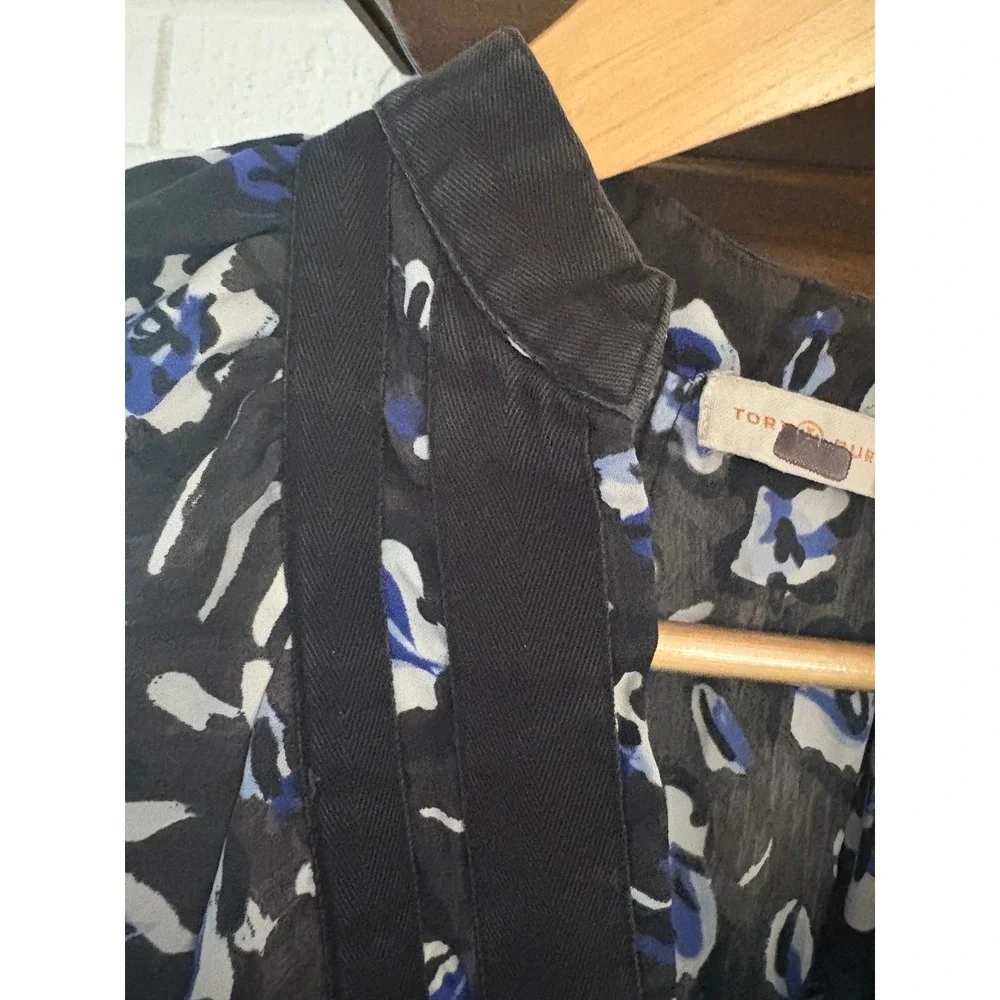 Tory Burch Puff Sleeve Tunic Floral Asymmetrical Hem Dress Blue Black XS